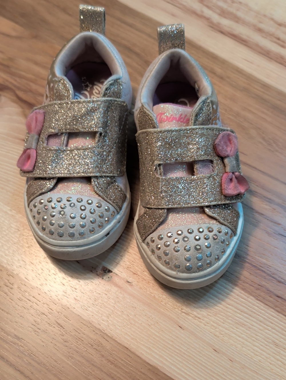 Sparkling Gold & Pink Kids Sneakers with Bow Accent Light up